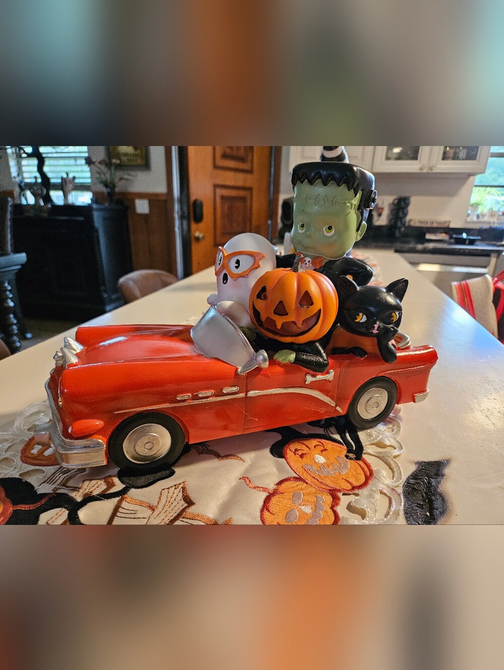 Light-Up Ceramic Halloween Figurine - Frankenstein In Red Car